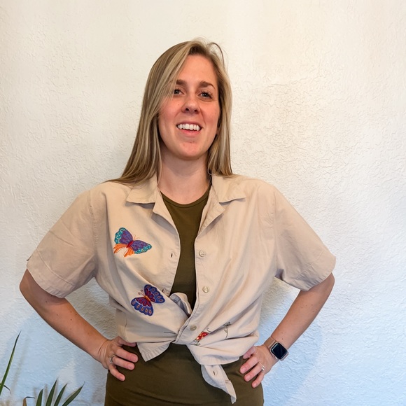 Retro White Stag Butterfly Short Sleeve Cotton Button Up Women’s Medium Tan - Picture 5 of 11